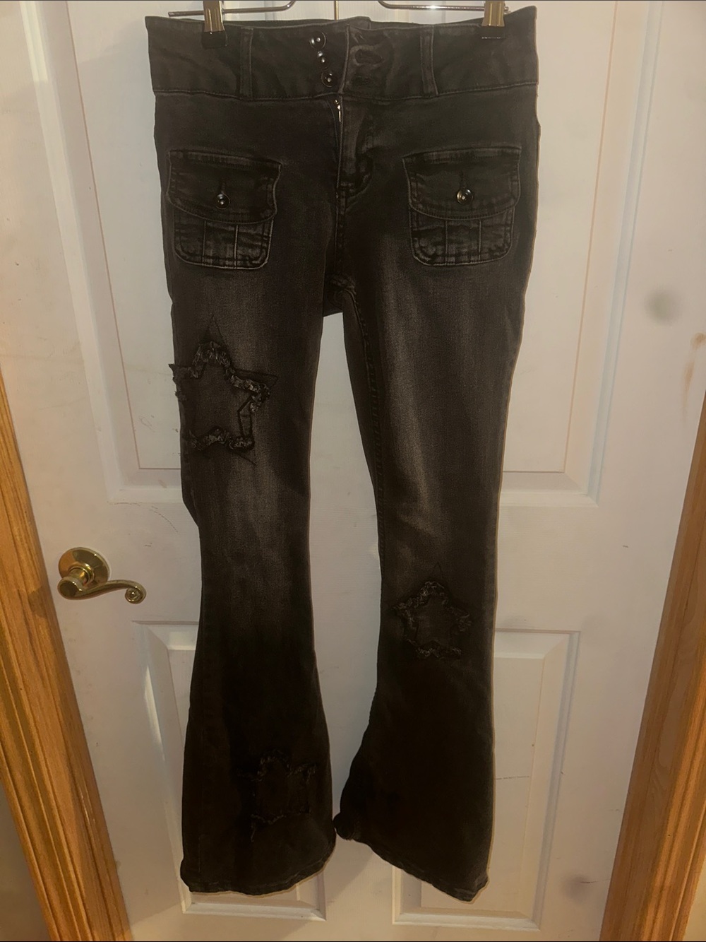 Hot Topic Women’s Black Distressed Flare Jeans with Front Detail